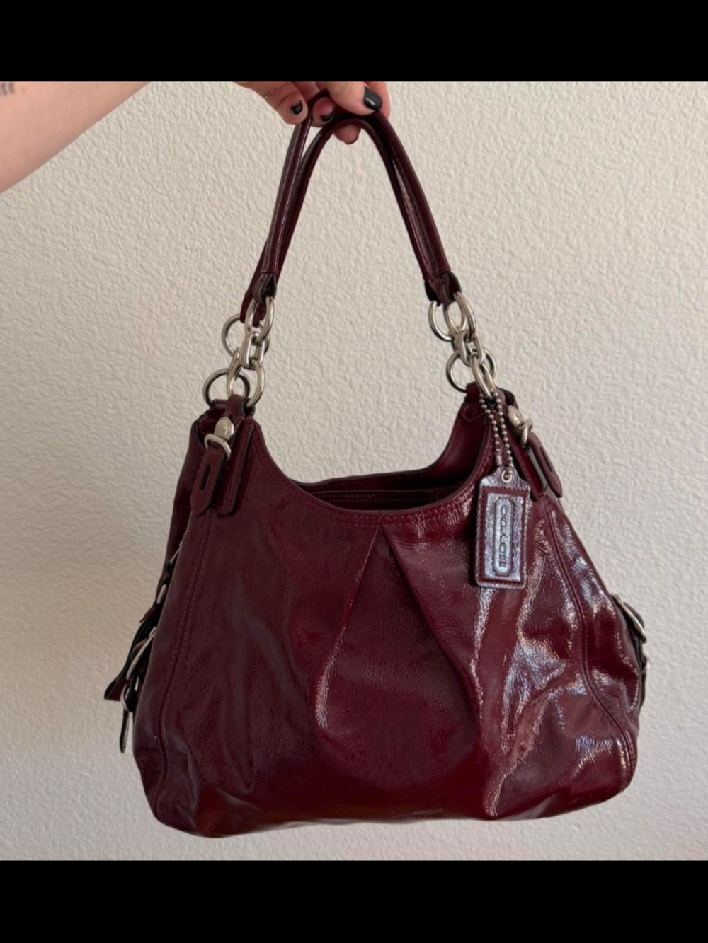 Coach Patent Leather Burgundy Shoulder Bag with Silver Hardware